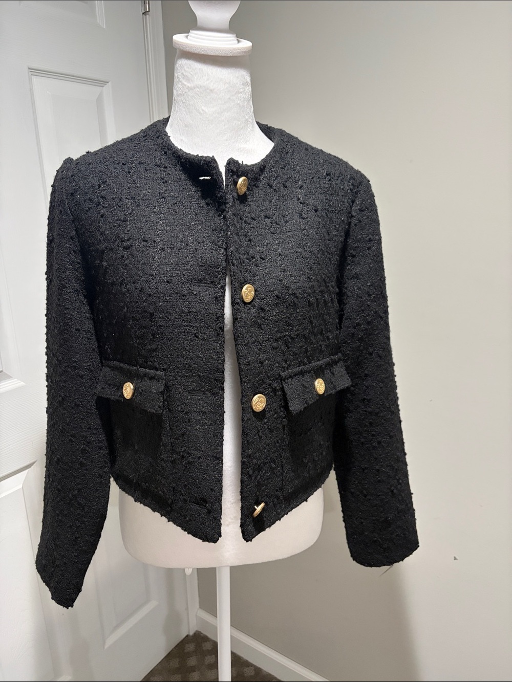 Abercrombie & Fitch Black Bouclé Jacket with Gold Buttons